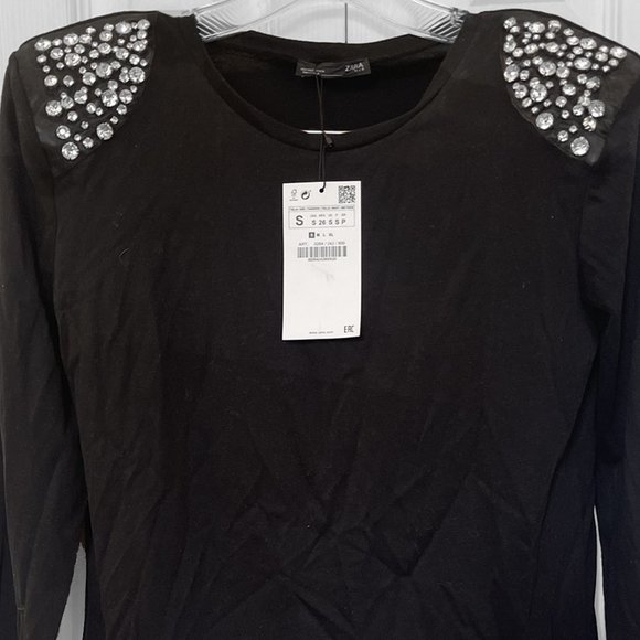 ZARA - Jeweled Embellished Padded Shoulders T-Shirt - Picture 7 of 9